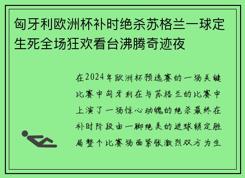 匈牙利欧洲杯补时绝杀苏格兰一球定生死全场狂欢看台沸腾奇迹夜