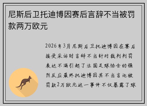尼斯后卫托迪博因赛后言辞不当被罚款两万欧元 尼斯后卫托迪博因赛后言辞不当被罚款两万欧元