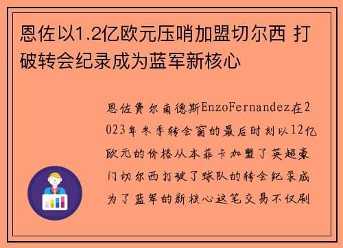 恩佐以1.2亿欧元压哨加盟切尔西 打破转会纪录成为蓝军新核心