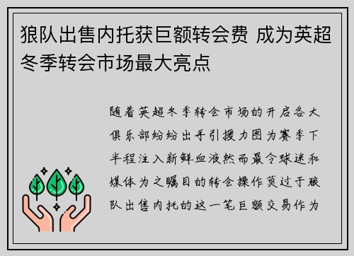 狼队出售内托获巨额转会费 成为英超冬季转会市场最大亮点 狼队出售内托获巨额转会费 成为英超冬季转会市场最大亮点
